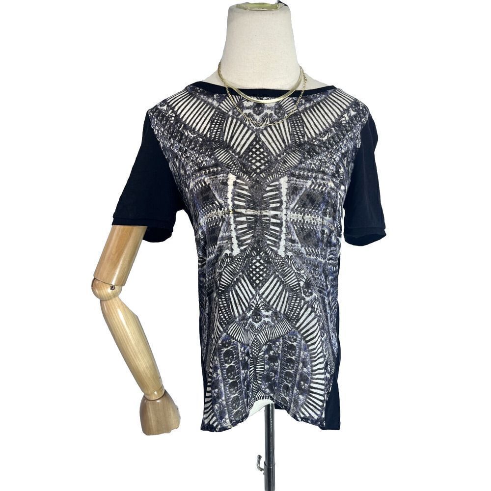 The Kooples Skull Bones Black Aztec Ilkat Blouse‎ Top Short Sleeve Medium Silk